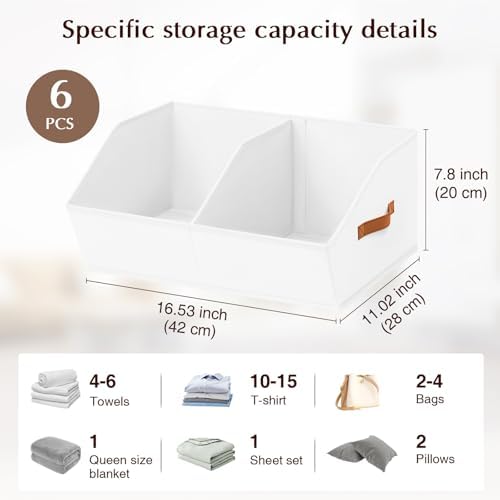 Closet Organizers and Storage Bins - 6 Pack Collapsible Divided Trapezoidal Cube Storage Bins Baskets with Orange Handle for Organizing Clothes Blankets, Toys, Books, Towels(White)