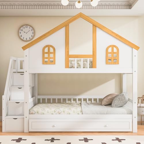 LUMISOL Twin Over Twin House Bunk Bed with Trundle, Solid Wood Bunk Bed with Stairs and Safety Guardrails, Twin Bunk Beds with Storage, White+Natural