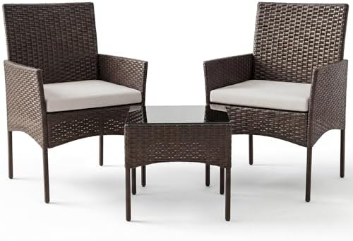 Sweetcrispy 3-Piece Patio Furniture Set, Outdoor Wicker Furniture, Brown