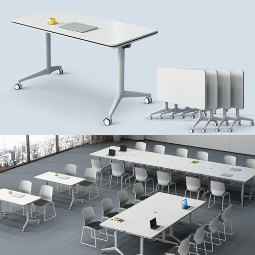 Folding Conference Table, Conference Room Tables with Wheels Foldable Large Rectangle Meeting Seminar Table for 6-12 People, Flip Top Mobile Training Table for Office Classr (4, White 2, 55.1in)