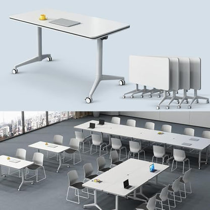 Folding Conference Table, Conference Room Tables with Wheels Foldable Large Rectangle Meeting Seminar Table for 6-12 People, Flip Top Mobile Training Table for Office Classr (4, White 2, 55.1in)