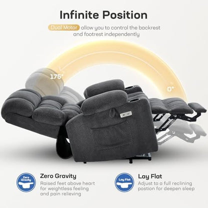 Tami Tami Dual Motor Power Lift Chair Recliner for Elderly with Massage and Heat, Infinite Position Electric Lift Recliner with Adjustable Headrest, USB (T6015 - Plush Fabric, Dark Gray, Oversized)