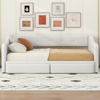 Twin XL to King Size Upholstered Daybed with Two Drawers Bed Frame for Boys Girls Kids Adults, Beige