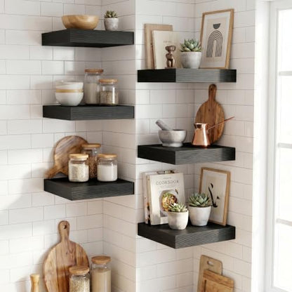 Floating Shelves for Wall 12 Inch, 12 Inch Deep Square Wall Shelves, Bathroom Storage Shelves Over Toilet, Wood Floating Shelves for Living Room Bedroom, Black, Set of 3