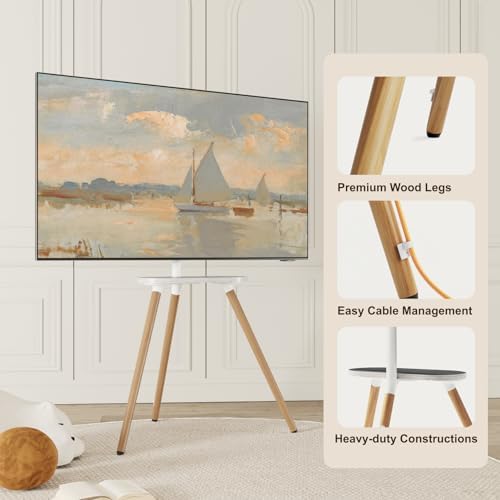 Solid Wood Easel TV Stand for 43-65" TVs with Shelf, White Beech
