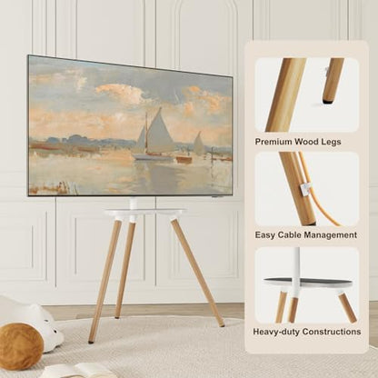 Solid Wood Easel TV Stand for 43-65" TVs with Shelf, White Beech
