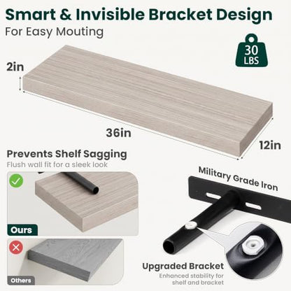 12 Inch Deep Floating Shelves Grey, 36 Inch Long, 2" Thick Floating Shelves for Wall, Hidden Bracket, Scratch-Resistant Wood Grain for Bedroom Bathroom Kitchen, Coffee Bar, Bookshelf