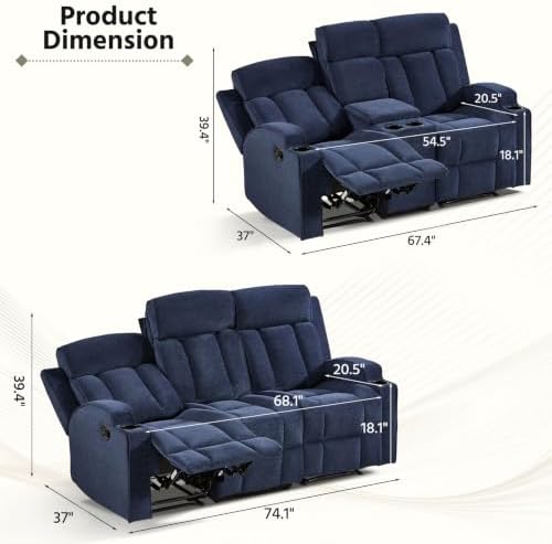 HAOMARKETS 3-Piece Manual Recliner Sofa Set, Included Loveseat Set of 2 with Center Console and 3-Seater Couch, Overstuffed Fabric Reclining Couches with Cup Holders for Living Room, Blue