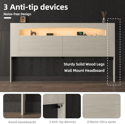 King Size Wooden Headboard Only with Storage(Off-White, King)