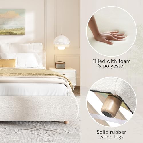 Merax Queen Boucle Upholstered Bed, 2 Removable Headboard Pillows, White