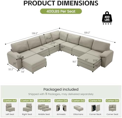 139.2''Oversized V Shaped Faux Leather Modular Sectional Couch, Greige