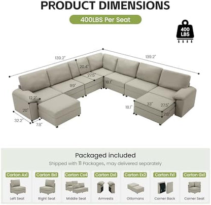 139.2''Oversized V Shaped Faux Leather Modular Sectional Couch, Greige