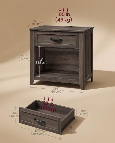 VASAGLE Farmhouse Nightstand with Charging Station, Drawer and Open Shelf