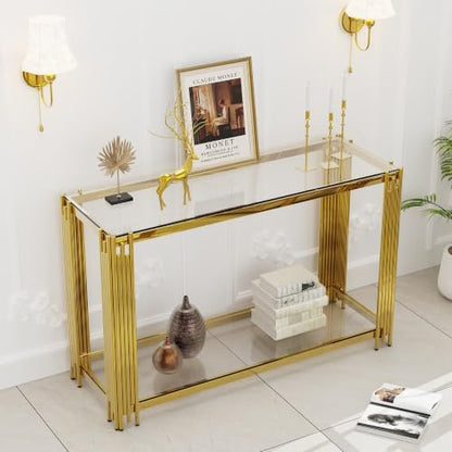 51" Luxury Glass Coffee Table Set of 4, Modern Console Table with 2 End Tables, Clear Tempered Glass Top & Golden Stainless Steel Leg, 4-Piece Living Room Table Set for Apartment Home Decor