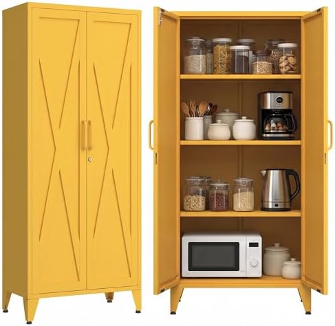 61" Metal Pantry Cabinet with Lock and 3-Tier Adjustable Shelves, Freestanding Heavy Duty Storage Cabinet Locker for Kitchen, Home Office, Garage Yellow