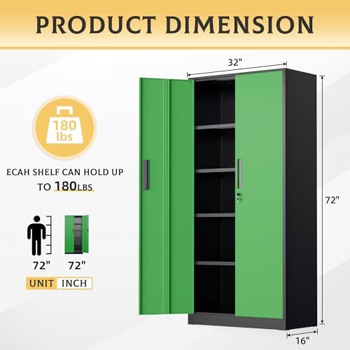 SUNCROWN 72" Metal Storage Cabinet - Heavy-Duty Metal Garage Cabinet with 4 Adjustable Shelves & 2 Doors for Tools, Office, Home, Workshop,Black & Green-Small