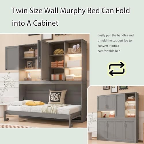 Twin Horizontal Murphy Bed with Storage Cabinet, LED Light and Charging Station,Wood Folding Murphy Wall Bed Cabinet with Bookcase and Shelves for Adult (Grey)