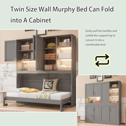 Twin Horizontal Murphy Bed with Storage Cabinet, LED Light and Charging Station,Wood Folding Murphy Wall Bed Cabinet with Bookcase and Shelves for Adult (Grey)