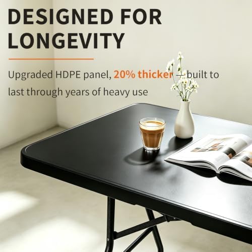 Folding Table 6ft, Heavy Duty Portable 6 Foot Foldable Table Plastic Large Folding Table Indoor Outdoor for Camping, Picnic, Wedding and Party, Black