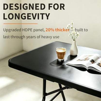 Folding Table 6ft, Heavy Duty Portable 6 Foot Foldable Table Plastic Large Folding Table Indoor Outdoor for Camping, Picnic, Wedding and Party, Black