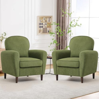 Accent Chair Set of 2, Mid Century Modern Arm Chair with Thick Cushion and Back, Upholstered Comfy Reading Chair Single Sofa Chair for Living Room, Bedroom, Club, Green