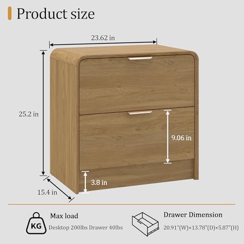 Wood Nightstand Set of 2, Oak End Table with 2 Drawers Storage, 23.6" Round Bedside Table, Mid Century Modern Nightstands for Bedroom