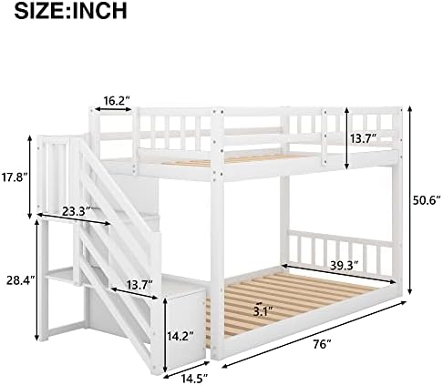 Harper & Bright Designs Kids Bunk Bed Twin Over Twin, Floor Bunk Bed with Stairs, Low Bunk Bed with Storage, Twin Bunk Bed for Kids Toddlers Teens. No Box Spring Needed (White)