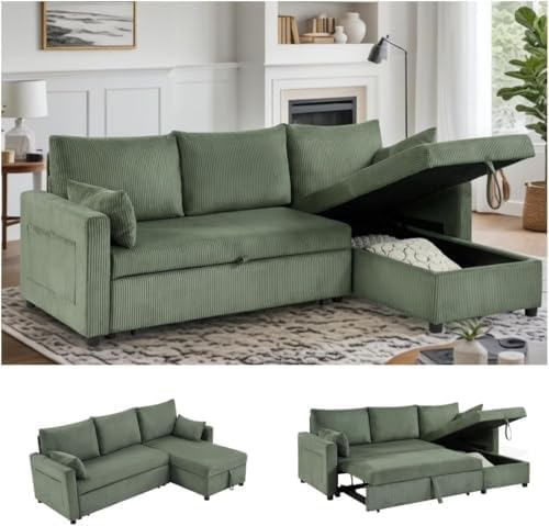 Queen Sleeper Sofa, Convertible Sofa Bed with Storage, 85 Inch Sectional Couch with Pull Out Bed, L Shaped 3 Seat Sectional Sleeper Sofa for Living Room, Apartment, Green