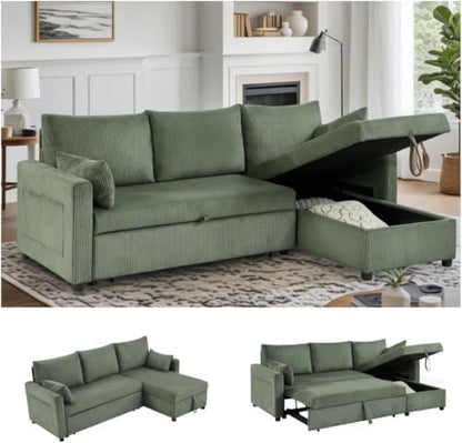 Queen Sleeper Sofa, Convertible Sofa Bed with Storage, 85 Inch Sectional Couch with Pull Out Bed, L Shaped 3 Seat Sectional Sleeper Sofa for Living Room, Apartment, Green