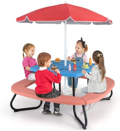 KOTEK 8-Person Kids Picnic Table, Toddler Activity Table with Removable Umbrella, 4 Built-in Benches, HDPE Top & Metal Frame, Kids Outdoor Table for Patio Garden Backyard (Blue+Red)