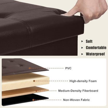 30 Inches Folding Storage Ottoman Bench, Faux Leather Footstool Ottoman, Storage Trunk Footrest for Bedroom, Living Room and Hallway, Support 350lbs, Brown(Brown line)