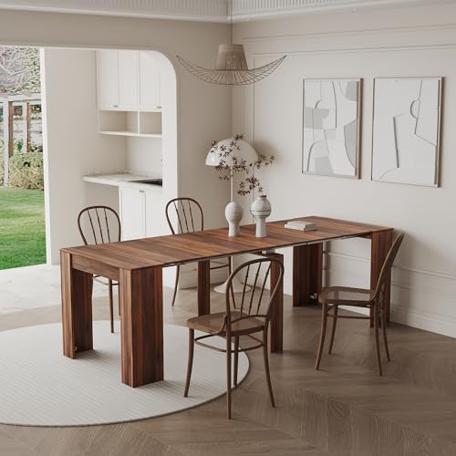 118.5'' Extendable Wood Dining Table for 8-12, Modern Rectangle Multifunctional Dining Kitchen Table Console Table for Living Room Home Office, Easy Assembly, Walnut