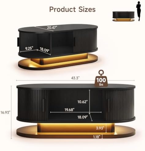 ONBRILL 43.3" Oval Floating Coffee Table with LED Light, Black