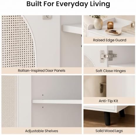 3-Door Shoe Storage Cabinet for Entryway with Rattan Doors, Bright White