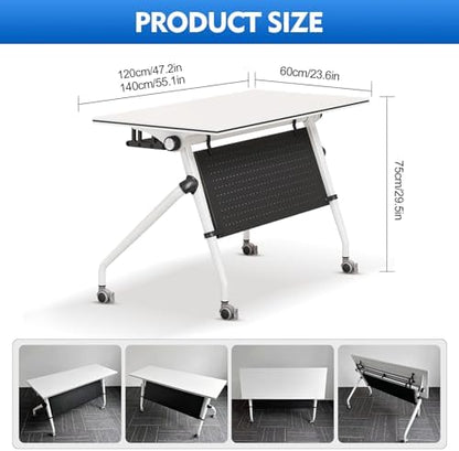 Folding Conference Table, Conference Room Tables with Wheels Foldable Large Rectangle Meeting Seminar Table for 6-12 People, Flip Top Mobile Training Table for Office Classr (2, White+Gray, 55.1in)