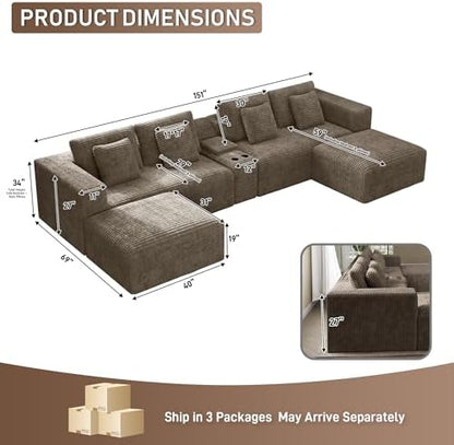 151" Oversized Cloud Sectional Couch for Living Room, Brown