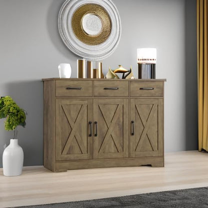 HOSTACK Modern Farmhouse Buffet Sideboard Cabinet, Barn Doors Storage Cabinet with Drawers and Shelves, Wood Coffee Bar Station for Dining Room, Kitchen, Living Room, Rustic Brown