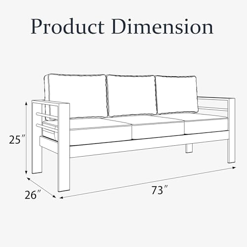 LayinSun Aluminum Patio Couch Sofa, All-Weather Metal Modern 3 Seater Outdoor Sofa with 5" Thick Cushion