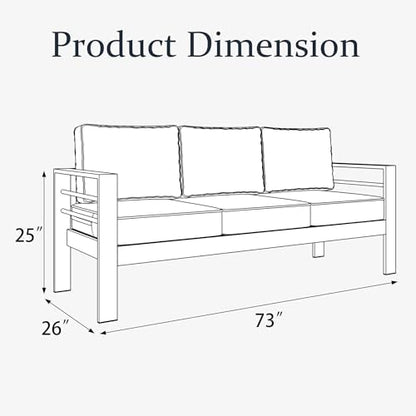 LayinSun Aluminum Patio Couch Sofa, All-Weather Metal Modern 3 Seater Outdoor Sofa with 5" Thick Cushion