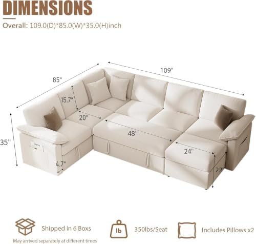 L Sleeper Sofa 109" Modular Sectional Sofa with Pull Out Bed, Beige