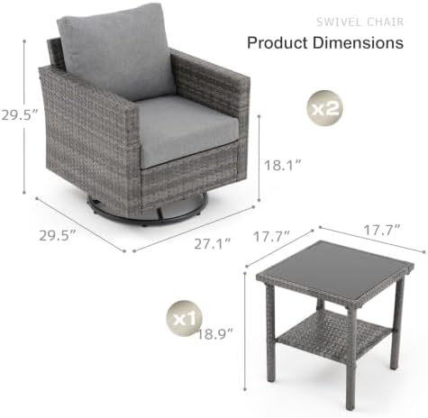 SUNSITT 3-Piece Outdoor Patio Furniture Set, Wicker Swivel Chairs