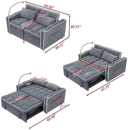 Convertible Pull Out Sofa Bed with Cup Holders & Side Pocket, Gray