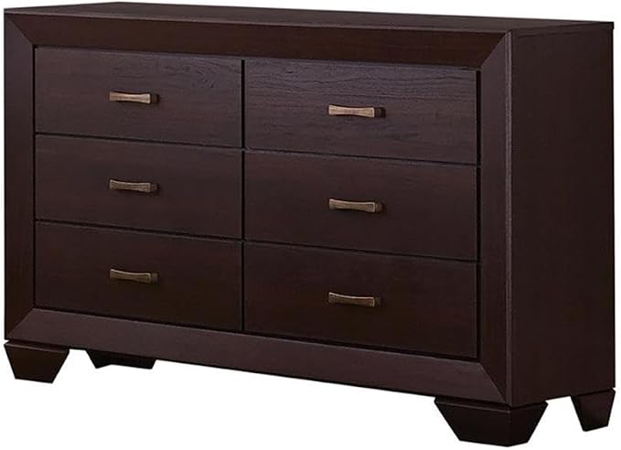 MAKLAINE 4-Piece Wood Eastern King Bedroom Set, Brown and Dark Cocoa Finish, Faux Leather Upholstered Bed, Mirror, Nightstand, Dresser, Mid-Century Modern Style Furniture for Bedroom Decor
