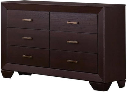 MAKLAINE 4-Piece Wood Eastern King Bedroom Set, Brown and Dark Cocoa Finish, Faux Leather Upholstered Bed, Mirror, Nightstand, Dresser, Mid-Century Modern Style Furniture for Bedroom Decor