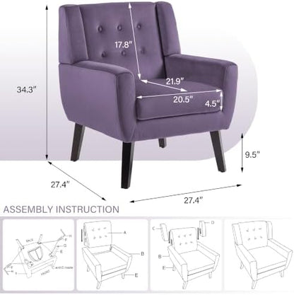 Pia Ricco Mid Century Modern Button Tufted Purple Velvet Set of 2 Accent Armchair for Living Room