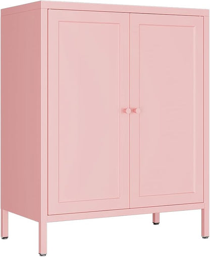 Metal Accent Storage Cabinet for Home,LivingRoom, Office,Kitchen- Metal Locker Cabinet with 1 Adjustable Shelves-Bathroom Floor Storage Cabinet Freestanding Organizer(Square Door, Pink)