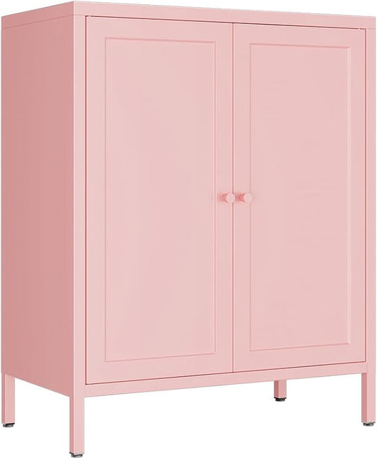 Metal Accent Storage Cabinet for Home,LivingRoom, Office,Kitchen- Metal Locker Cabinet with 1 Adjustable Shelves-Bathroom Floor Storage Cabinet Freestanding Organizer(Square Door, Pink)