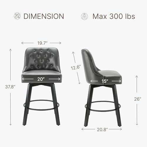 KISLOT Swivel Barstools, 26" Counter Height,2-Pack,Charcoal Gray