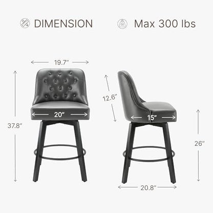 KISLOT Swivel Barstools, 26" Counter Height,2-Pack,Charcoal Gray
