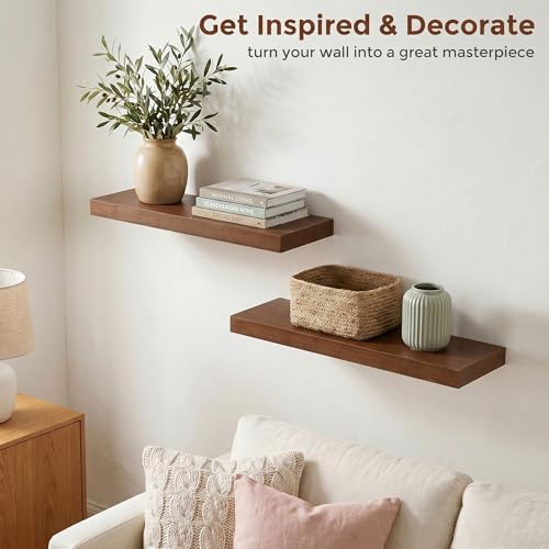 fuqing 20 Inch Floating Shelves 6.7'' Deep Dark Wood Wall Shelves Set of 2